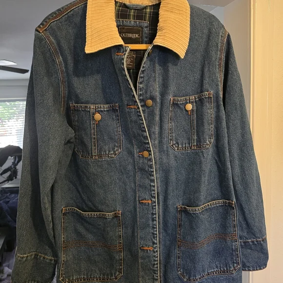 VINTAGE 90s Outbrook CHORE/BARNCOAT Blue Denim Corduroy  Utility Jacket L - Picture 2 of 14